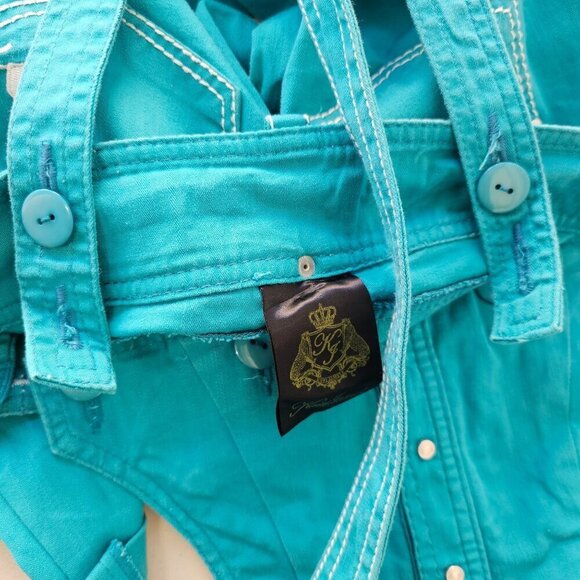 Kawi Jamele Low Rise Stretch Detachable Bib Overall US Size S Teal Denim Japanes - Picture 10 of 13